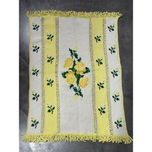 White-Yellow Blanket, Hand Knit, Floral Pattern, Throw, ~ 250213-WH M-25-02